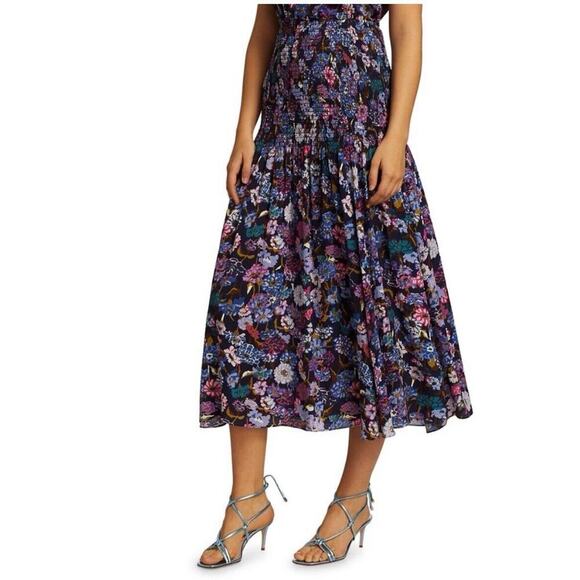 Tanya Taylor Nicolette Floral Smocked Silk Midi Skirt mixed meadow navy 2X NEW